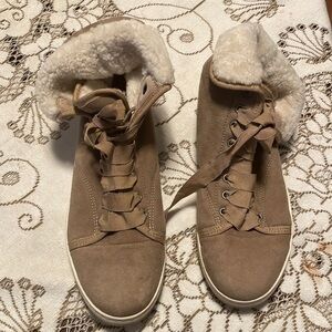 Lanvin Cream Shearling Tan Soft Suede Ribbon Lace High Top Sneakers